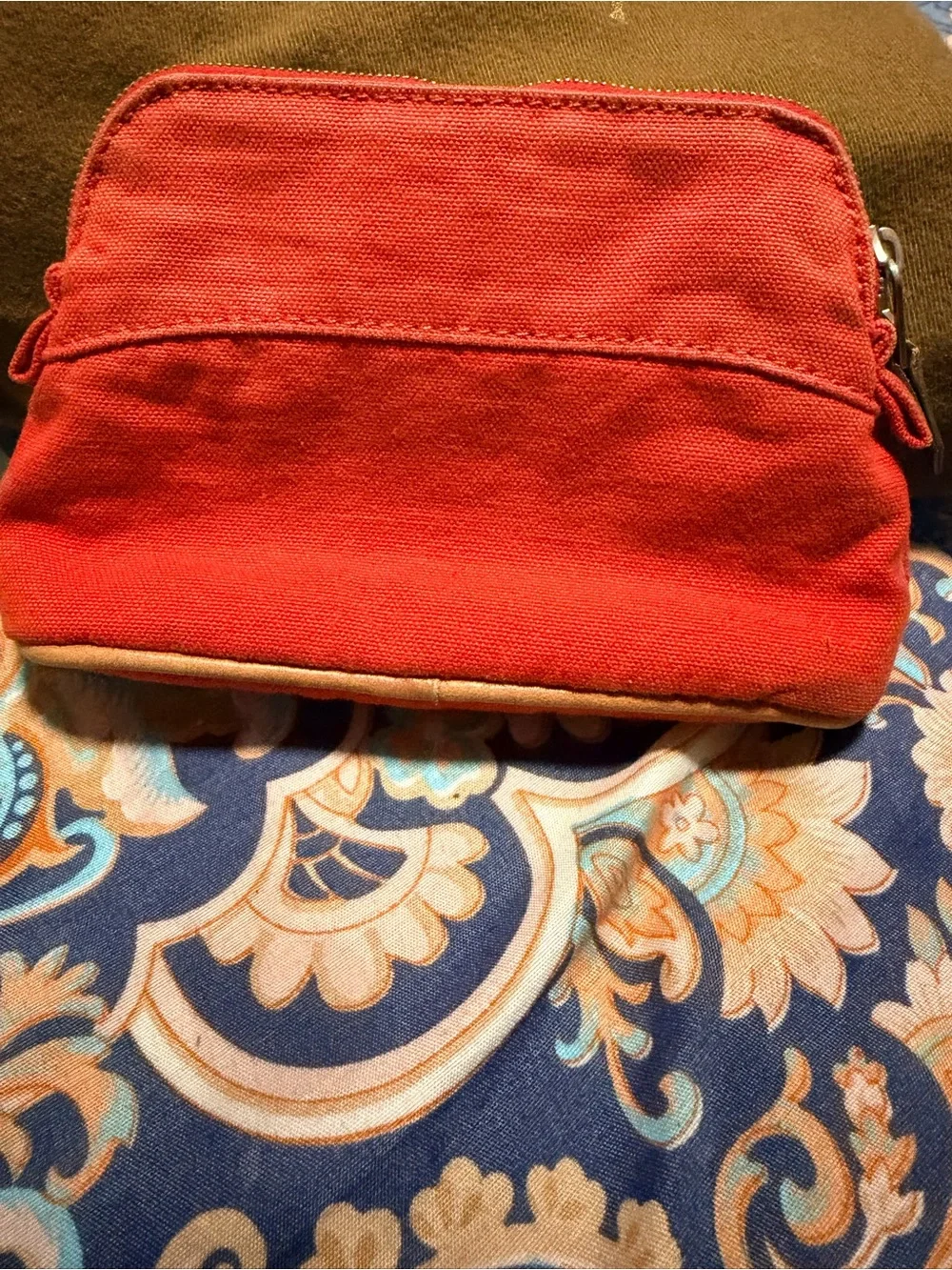 Authentic Hermes Canvas Zip Pouch in Red with Leather Trim vintage
